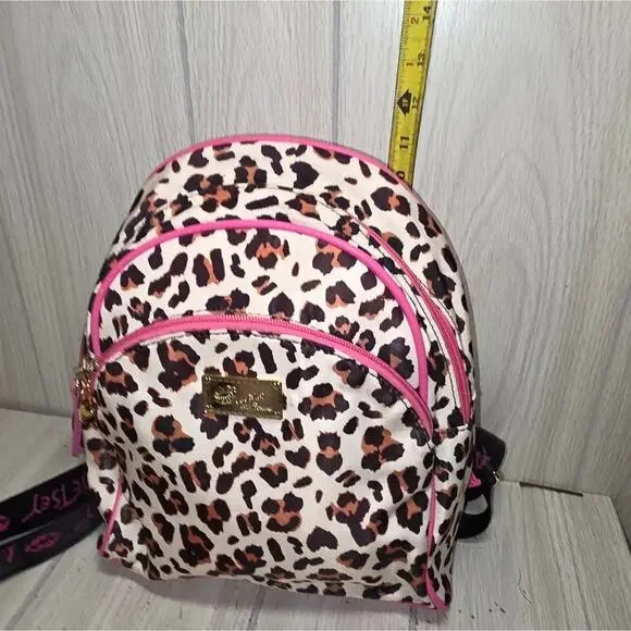 Betsy Johnson Pink Trim Leopard Print Backpack Purse Bag 11x9 4 Pockets Feminine - Picture 3 of 6